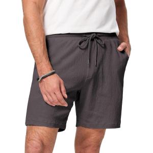 JMIERR Mens Casual 7″ Shorts Cotton Elastic Waist Drawstring Summer Texture Stretch Beach Shorts with Pockets(Brown Grey)