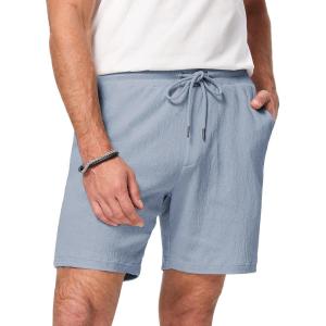 JMIERR Mens Casual 7″ Shorts Cotton Elastic Waist Drawstring Summer Texture Stretch Beach Shorts with Pockets(Dusk Blue)