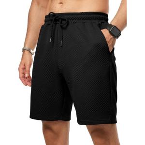 JMIERR Mens Casual 7″ Shorts Summer Drawstring Elastic Waist Beach Sweat Shorts Texture with Pockets(Black)