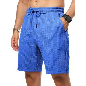 JMIERR Mens Casual 7″ Shorts Summer Drawstring Elastic Waist Beach Sweat Shorts Texture with Pockets(Blue)