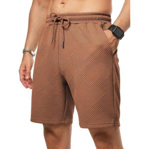 JMIERR Mens Casual 7″ Shorts Summer Drawstring Elastic Waist Beach Sweat Shorts Texture with Pockets(Dark Brown)