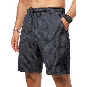 JMIERR Mens Casual 7″ Shorts Summer Drawstring Elastic Waist Beach Sweat Shorts Texture with Pockets(Dark Grey)