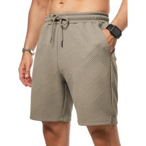 JMIERR Mens Casual 7″ Shorts Summer Drawstring Elastic Waist Beach Sweat Shorts Texture with Pockets(Khaki)