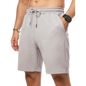 JMIERR Mens Casual 7″ Shorts Summer Drawstring Elastic Waist Beach Sweat Shorts Texture with Pockets(Light Grey)