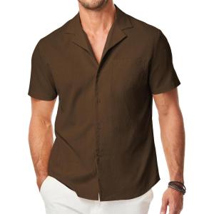 JMIERR Men’s Casual Button Down Shirts Short Sleeve Textured Summer Beach Shirt Cuban Vacation Shirts with Pocket(Coffee)