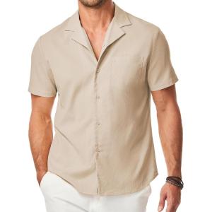 JMIERR Men’s Casual Button Down Shirts Short Sleeve Textured Summer Beach Shirt Cuban Vacation Shirts with Pocket(Khaki)