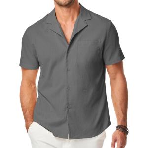 JMIERR Men’s Casual Button Down Shirts Short Sleeve Textured Summer Beach Shirt Cuban Vacation Shirts with Pocket(Light Gray)