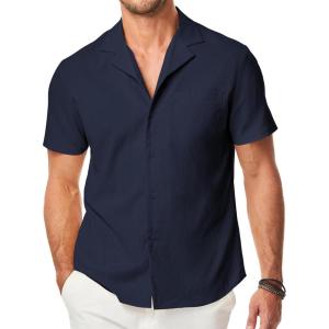 JMIERR Men’s Casual Button Down Shirts Short Sleeve Textured Summer Beach Shirt Cuban Vacation Shirts with Pocket(Navy Blue)
