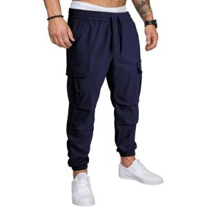 JMIERR Mens Casual Cargo Joggers Pants Elastic Waist Drawstring Stretch Relaxed Fit Work Pants Tapered Sweatpants(Navy Blue)