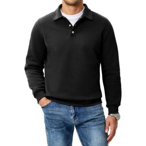 JMIERR Mens Casual Cotton Polo Sweatshirts Long Sleeve Button Collared Pullover Shirts(Black)