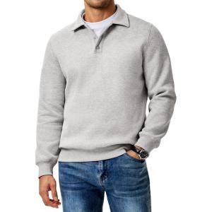 JMIERR Mens Casual Cotton Polo Sweatshirts Long Sleeve Button Collared Pullover Shirts(Light Grey)