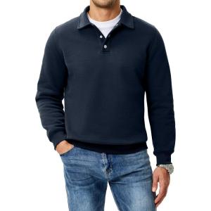 JMIERR Mens Casual Cotton Polo Sweatshirts Long Sleeve Button Collared Pullover Shirts(Navy Blue)