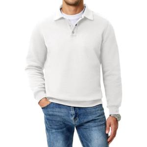 JMIERR Mens Casual Cotton Polo Sweatshirts Long Sleeve Button Collared Pullover Shirts(White)