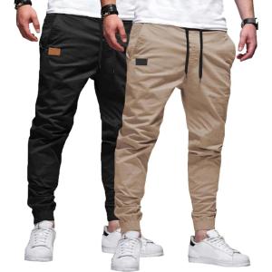 JMIERR Mens Casual Joggers Pants – Cotton Drawstring Chino Cargo Pants Hiking Outdoor Twill Track Jogging Sweatpants Pants(Z  2 Pack  Black  Khaki)