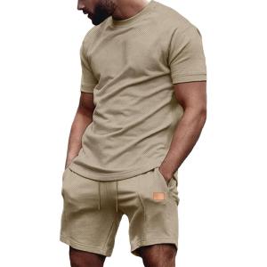 JMIERR Men’s Casual Short Sleeve T Shirts and Shorts Summer Beach Vacation 2 Piece Outfit Lounge Workout Sets(A5 Khaki)