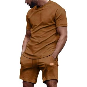 JMIERR Men’s Casual Short Sleeve T Shirts and Shorts Summer Beach Vacation 2 Piece Outfit Lounge Workout Sets(A6 Brown)