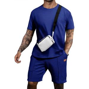 JMIERR Men’s Casual Short Sleeve T Shirts and Shorts Summer Beach Vacation 2 Piece Outfit Lounge Workout Sets(B Dark Blue)