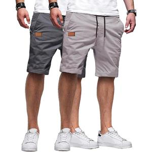 JMIERR Mens Casual Shorts – Cotton Drawstring Summer Beach Stretch Twill Chino Golf Shorts(Z 2 Pack  Dark Grey  Light Grey)