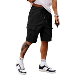 JMIERR Men’s Casual Stretch Cargo Shorts Classic Drawstring Elastic Waist Summer Work Short with Multi Pockets(01 Black)
