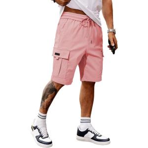 JMIERR Men’s Casual Stretch Cargo Shorts Classic Drawstring Elastic Waist Summer Work Short with Multi Pockets(Pink)