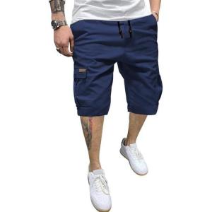 JMIERR Mens Casual Twill Cargo Shorts Cotton Drawstring Classic Cargo Stretch Short with 6 Pockets(A Blue)