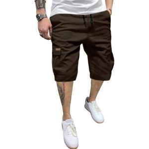 JMIERR Mens Casual Twill Cargo Shorts Cotton Drawstring Classic Cargo Stretch Short with 6 Pockets(A Brown)