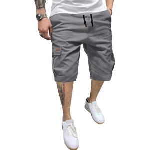 JMIERR Mens Casual Twill Cargo Shorts Cotton Drawstring Classic Cargo Stretch Short with 6 Pockets(A Gray)