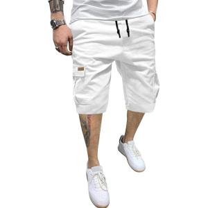 JMIERR Mens Casual Twill Cargo Shorts Cotton Drawstring Classic Cargo Stretch Short with 6 Pockets(A White)