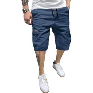 JMIERR Mens Casual Twill Cargo Shorts Cotton Drawstring Classic Cargo Stretch Short with 6 Pockets(B Blue)