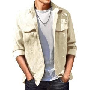 JMIERR Men’s Corduroy Button Down Shirts Casual Long Sleeve Shacket Jacket with Flap Pockets(A Apricot)