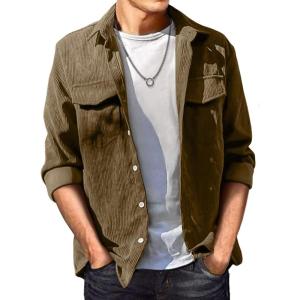 JMIERR Men’s Corduroy Button Down Shirts Casual Long Sleeve Shacket Jacket with Flap Pockets(A2 Dark Khaki)