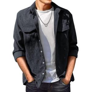 JMIERR Men’s Corduroy Button Down Shirts Casual Long Sleeve Shacket Jacket with Flap Pockets(A3 Dark Grey)