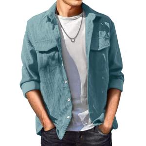 JMIERR Men’s Corduroy Button Down Shirts Casual Long Sleeve Shacket Jacket with Flap Pockets(B1 Blue Green)