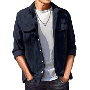 JMIERR Men’s Corduroy Button Down Shirts Casual Long Sleeve Shacket Jacket with Flap Pockets(C Blue02)