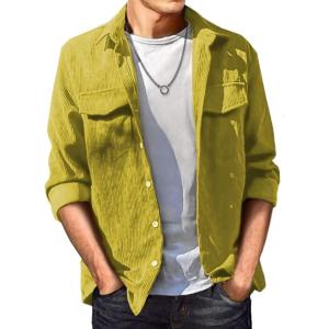 JMIERR Men’s Corduroy Button Down Shirts Casual Long Sleeve Shacket Jacket with Flap Pockets(D Yellow)