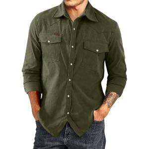 JMIERR Men’s Corduroy Shirts Casual Western Long Sleeve Button Down Shacket Jackets with 2 Flap Pocket(A2 Green)