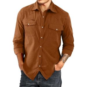 JMIERR Men’s Corduroy Shirts Casual Western Long Sleeve Button Down Shacket Jackets with 2 Flap Pocket(A4 Brown)
