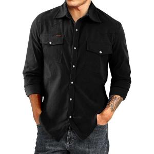 JMIERR Men’s Corduroy Shirts Casual Western Long Sleeve Button Down Shacket Jackets with 2 Flap Pocket(A5 Black)
