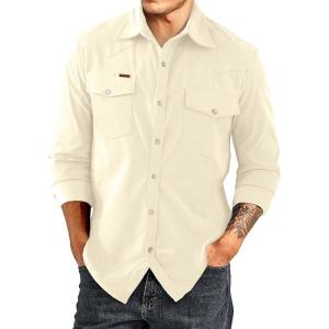 JMIERR Men’s Corduroy Shirts Casual Western Long Sleeve Button Down Shacket Jackets with 2 Flap Pocket(A6 Apricot)