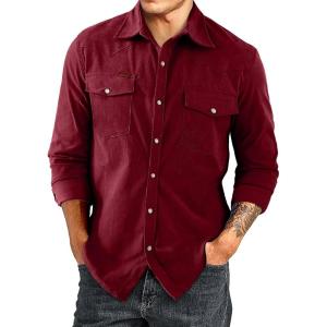 JMIERR Men’s Corduroy Shirts Casual Western Long Sleeve Button Down Shacket Jackets with 2 Flap Pocket(A6 Biking Red)