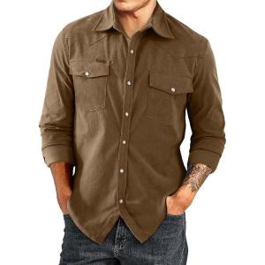 JMIERR Men’s Corduroy Shirts Casual Western Long Sleeve Button Down Shacket Jackets with 2 Flap Pocket(A6 Coffee)