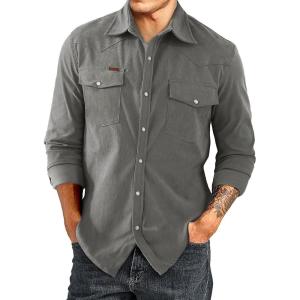 JMIERR Men’s Corduroy Shirts Casual Western Long Sleeve Button Down Shacket Jackets with 2 Flap Pocket(A6 Grey)