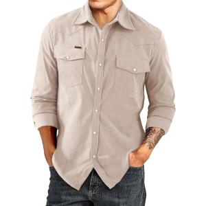 JMIERR Men’s Corduroy Shirts Casual Western Long Sleeve Button Down Shacket Jackets with 2 Flap Pocket(A6 Parchment)