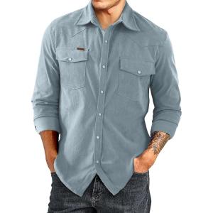 JMIERR Men’s Corduroy Shirts Casual Western Long Sleeve Button Down Shacket Jackets with 2 Flap Pocket(A6 Stone Blue)