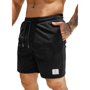 JMIERR Men’s Corduroy Shorts Casual Elastic Waist Drawstring Lightweight Summer Beach Shorts(A1 Black)