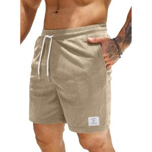 JMIERR Men’s Corduroy Shorts Casual Elastic Waist Drawstring Lightweight Summer Beach Shorts(A1 Parchment)