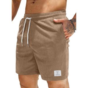 JMIERR Men’s Corduroy Shorts Casual Elastic Waist Drawstring Lightweight Summer Beach Shorts(A2 Light French Beige)