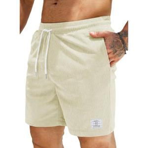 JMIERR Men’s Corduroy Shorts Casual Elastic Waist Drawstring Lightweight Summer Beach Shorts(A3 Beige)