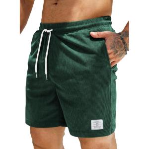 JMIERR Men’s Corduroy Shorts Casual Elastic Waist Drawstring Lightweight Summer Beach Shorts(A3 Blackish Green)