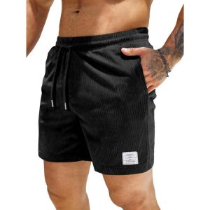 JMIERR Men’s Corduroy Shorts Casual Elastic Waist Drawstring Lightweight Summer Beach Shorts(C Black)